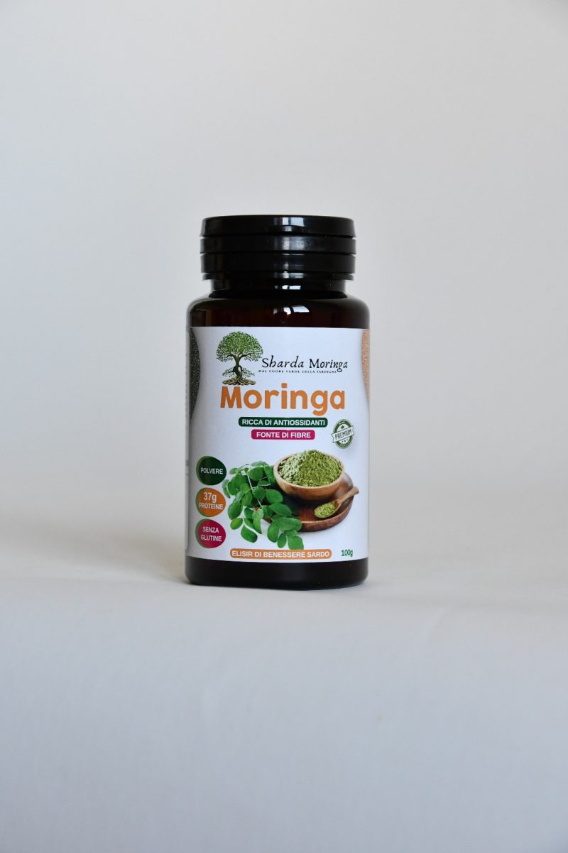 Confezione di Moringa in polvere Sharda, superfood naturale a base di foglie essiccate e macinate
