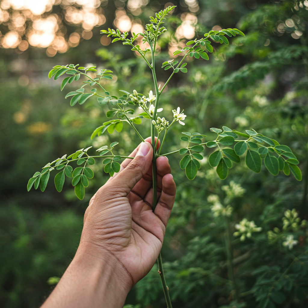 "Mano che tiene foglie fresche di moringa coltivata in Sardegna, simbolo di qualità e filiera corta."