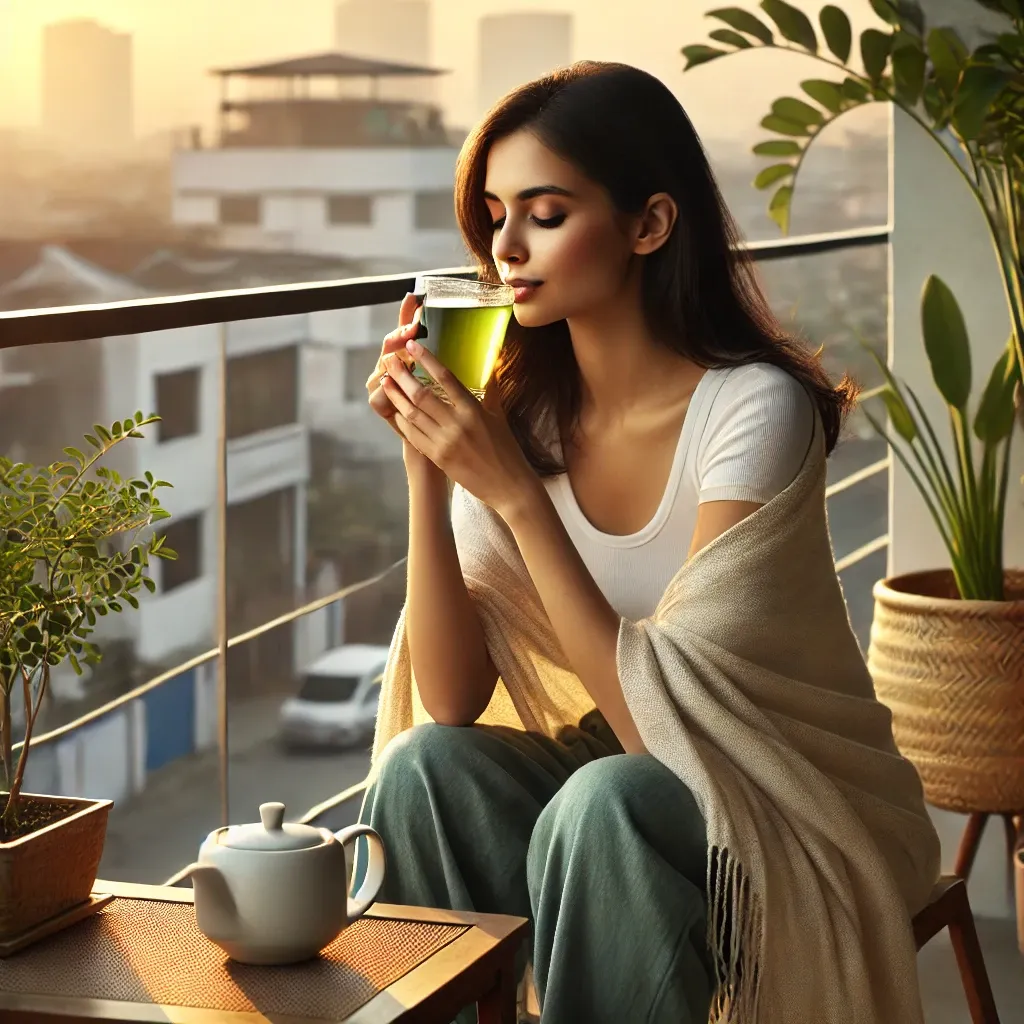 la ragazza beve del te di moringa